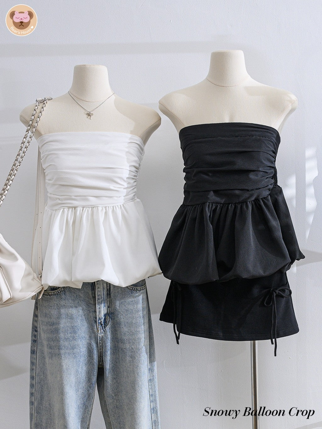 Snowy Balloon Crop เสื้อเกาะอก บอลลูน ผ้าครัช ดีเทลเเต่งจีบ หย่น ช่วงอก ด้านหลังสม็อค เย็บ 2 ชั้น ไม่ต้องกลัวบาง