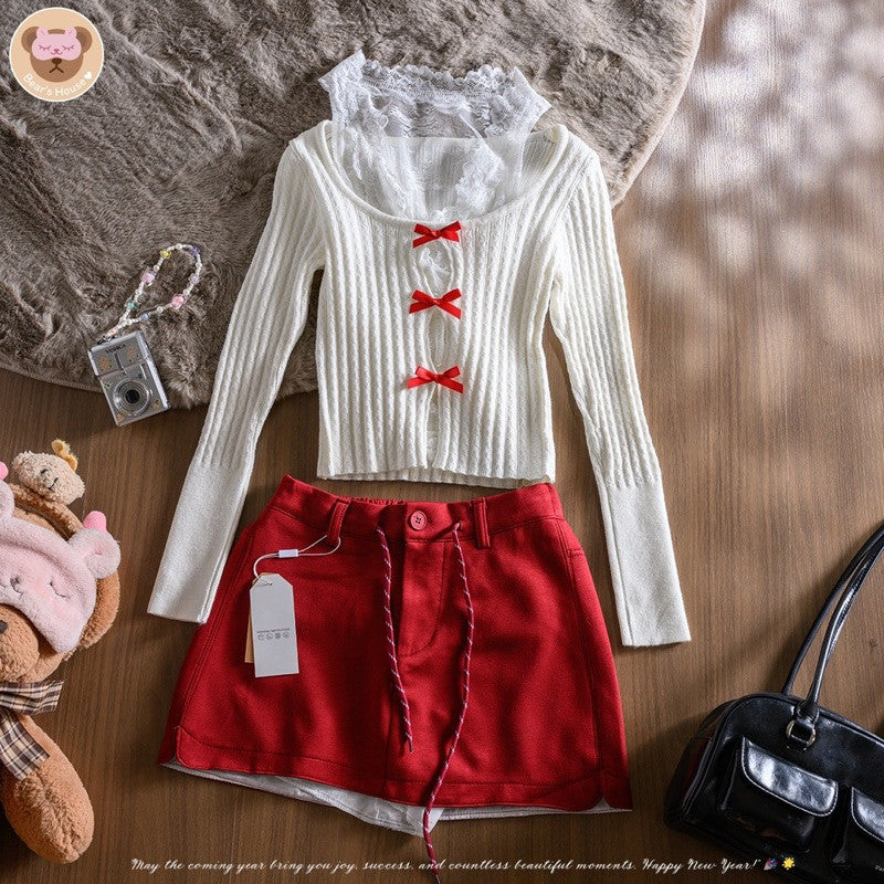 Penny Lace Set เซ็ท 2 ชิ้น เสื้อเเขนกุดลูกไม้ พร้อมกับเสื้อไหมพรมเเขนยาว งานป้าย