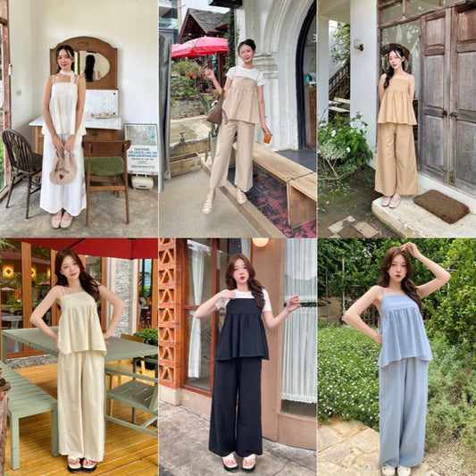 Linen Set ชุดSetผ้าลินิน เสื้อสายเดี่ยวปรับสาย พร้อมกางเกงขายาว🌹